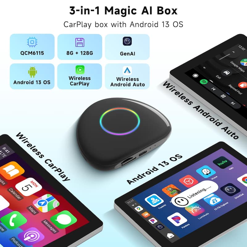 ATOTOOUT「AI Box」CarPlay & Android Auto Caixa AI ATOTOOUT 8GB+128GB CarPlay/Android Auto sem fio - Central